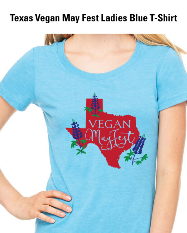 2018 Vintage Texas Vegan Meatfest, ladies cut t-shirt, shade blue