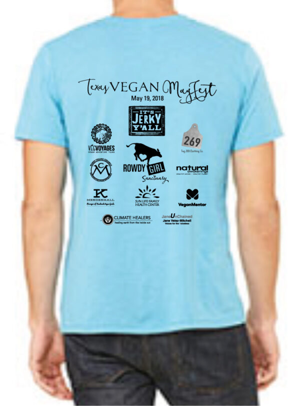 May 2018 Texas Vegan Meatfest Sponsors & Speakers t-shirt back view.