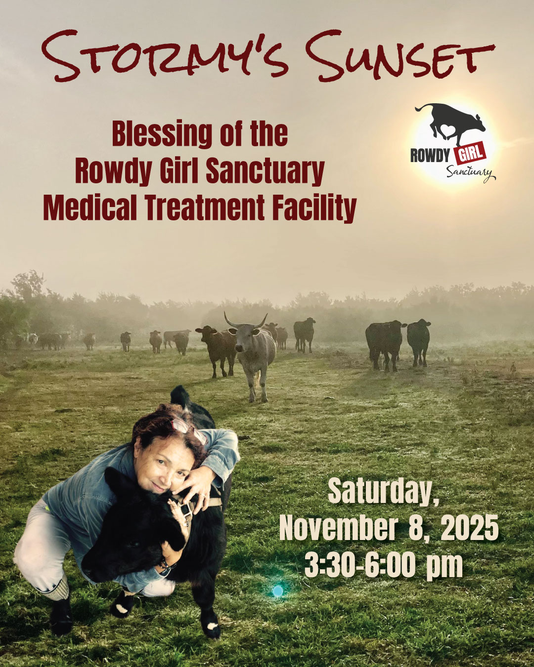 Promotion image for Stormy's Sunset event with a photo of a sunset field of cows and an inset of Renee hugging Stormy