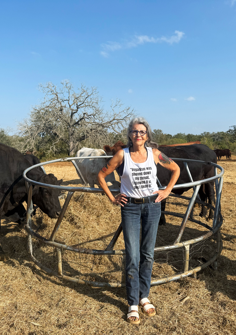 Renee wearing vaganism shirt