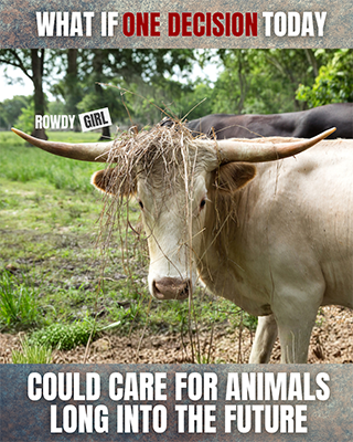 Legacy Gift with Frosty Promotion image for Legacy gifts featuring a photo of Frosty and the headline "What if one decision today cold care for animals long into the future"