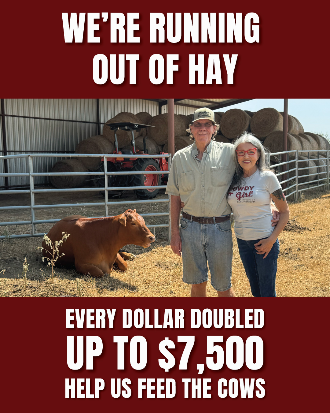 Hay-Drive-Image Image of Tommy and Renee with headline We're Running Out of Hay